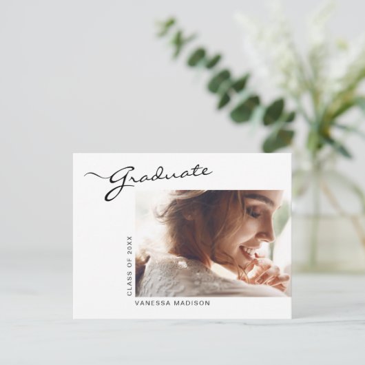 Modern elegant script | Aankondiging foto-Afstudee Briefkaart (Staand voorkant)