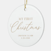 Modern Elegant Script Baby Eerste Kerstmis Keramisch Ornament (Links)