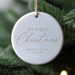 Modern Elegant Script Baby Eerste Kerstmis Keramisch Ornament<br><div class="desc">Vier de eerste kerstdagen van uw baby met dit eenvoudige en elegante ornament,  met een gouden script en een plaats om uw foto op de achterkant te uploaden.</div>