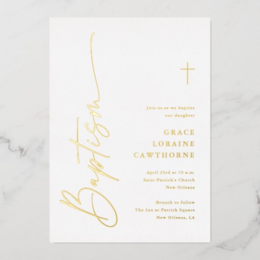 Modern Elegant Script Baptism Gold Folie Uitnodiging (Voorkant)
