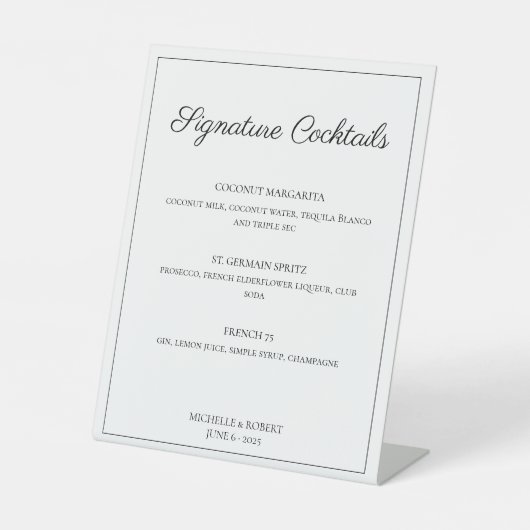 Modern Elegant Script Bar Menu Cocktails Bruiloft Reclamebord Met Voetstuk (Voorkant)
