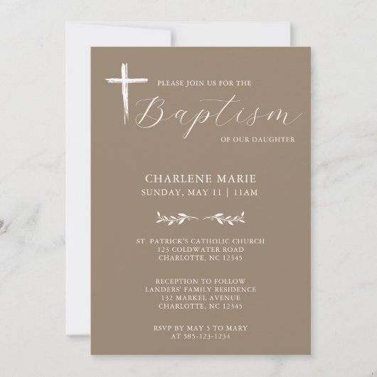 Modern Elegant Script Beige Baptism Uitnodiging (Voorkant)