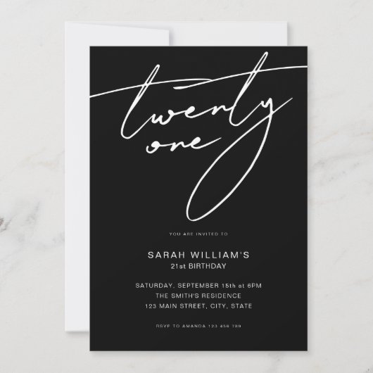 Modern Elegant Script Black 21st Birthday Party Kaart (Voorkant)