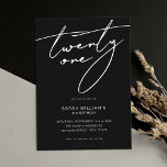 Modern Elegant Script Black 21st Birthday Party Kaart<br><div class="desc">Moderne minimalistische uitnodiging van de 21ste verjaardagspartij met eenvoudig ontwerp met elegante handgeschreven scripttypografie.</div>
