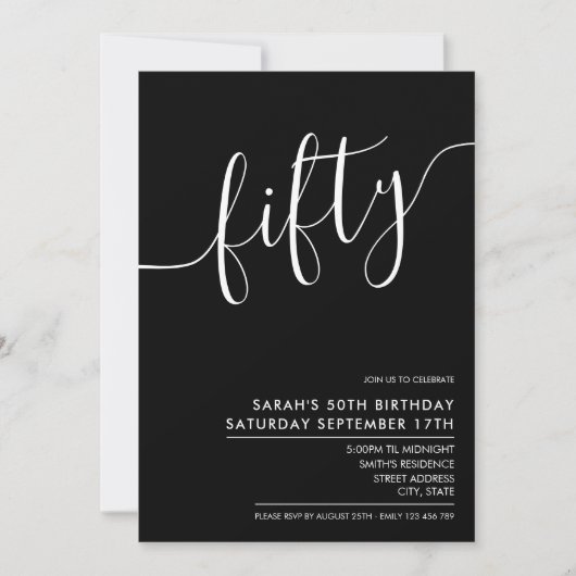 Modern Elegant Script Black 50th Birthday Kaart (Voorkant)