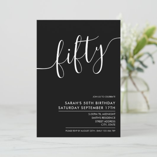 Modern Elegant Script Black 50th Birthday Kaart (Staand voorkant)