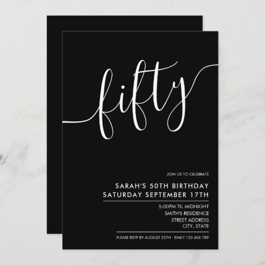 Modern Elegant Script Black 50th Birthday Kaart (Voorkant / Achterkant)