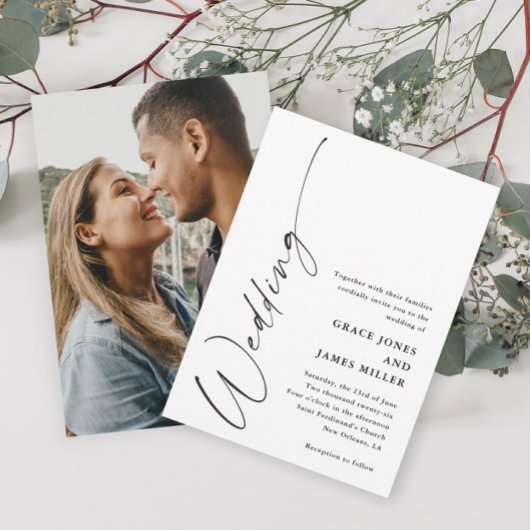 Modern Elegant Script Black and White Wedding Kaart