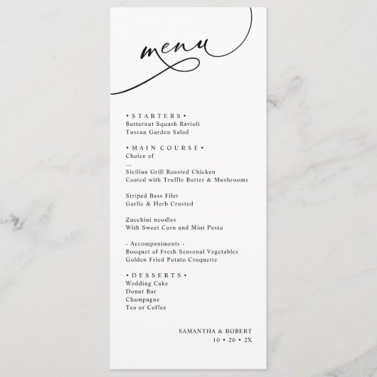 Modern Elegant Script Black and White Wedding Menu (Voorkant)