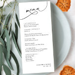 Modern Elegant Script Black and White Wedding Menu<br><div class="desc">Deze aanpasbare menukaart is ontworpen om te coördineren met het Romantische collectie voor de bruiloft van het Manuscript,  en bevat een veeleisende tekst voor de kalligrafie van het script,  die is gekoppeld aan een klasachtige serif lettertype in zwart met een aanpasbaar monogram op de achterzijde. Overeenkomende objecten beschikbaar.</div>