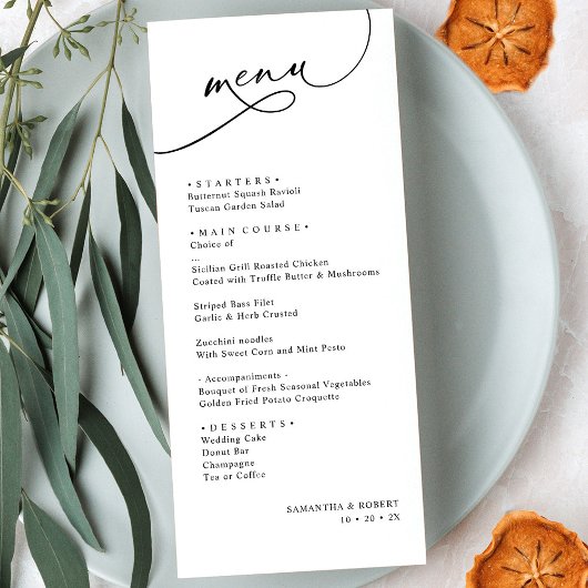 Modern Elegant Script Black and White Wedding Menu
