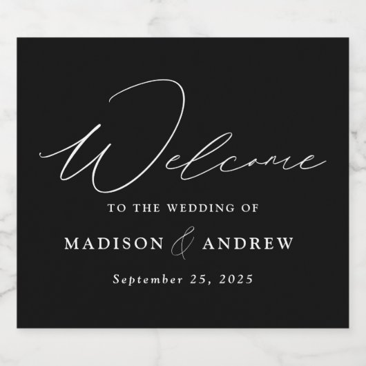 Modern Elegant Script Black and White Wedding Sparkling Wijnetiket (Enkel label)