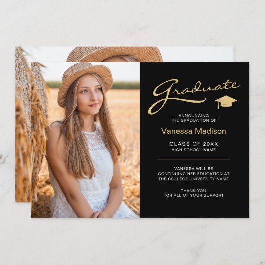 Modern elegant Script Black & Gold | 2 Foto-Afstud Aankondiging (Voorkant / Achterkant)