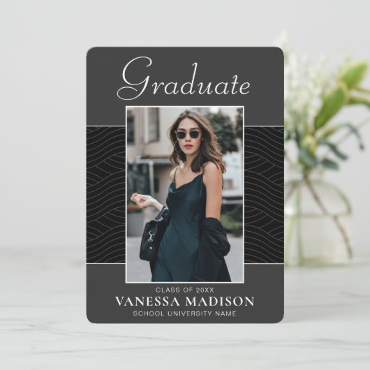 Modern | Elegant Script Black Grey 1 Photo Afstude Aankondiging (Staand voorkant)