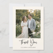 Modern Elegant Script Black Ivory Photo Wedding  Bedankkaart (Voorkant)