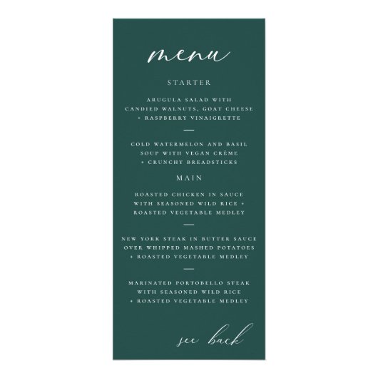 Modern Elegant Script Blauwgroen Bruiloft Menu (Voorkant)