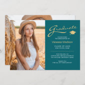 Modern elegant script Blauwgroen en goud | 2 Foto- Aankondiging (Voorkant / Achterkant)