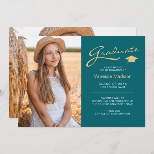 Modern elegant script Blauwgroen en goud | 2 Foto- Aankondiging (Voorkant / Achterkant)