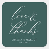 Modern Elegant Script Blauwgroen Liefde & Bedankt Vierkante Sticker (Voorkant)