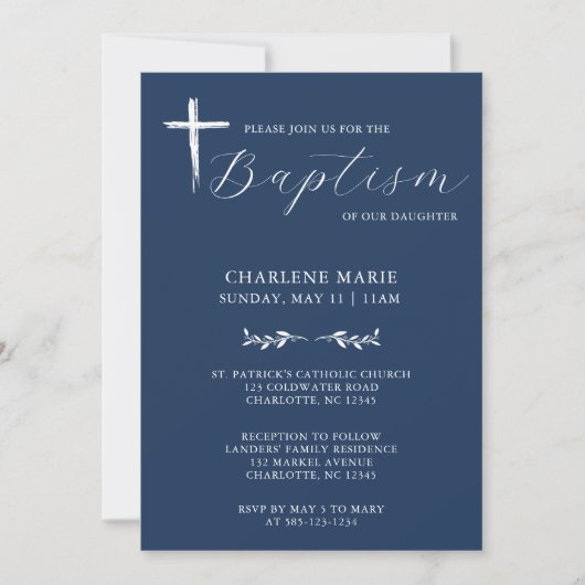 Modern Elegant Script Blue Baptism Uitnodiging (Voorkant)