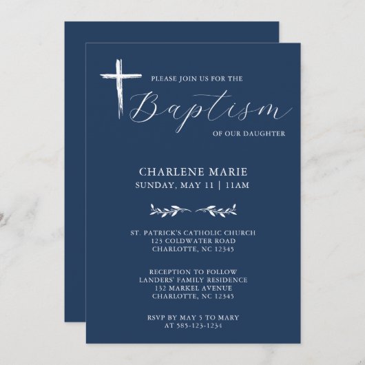 Modern Elegant Script Blue Baptism Uitnodiging (Voorkant / Achterkant)