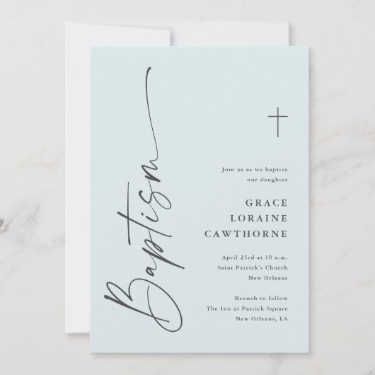 Modern Elegant Script Blue Boys Baptism Kaart (Voorkant)
