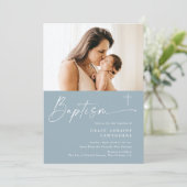 Modern Elegant Script Blue Boys Fotodoop Kaart (Staand voorkant)