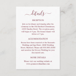 Modern Elegant Script Bourgogne Red Wedding Detail Informatiekaartje