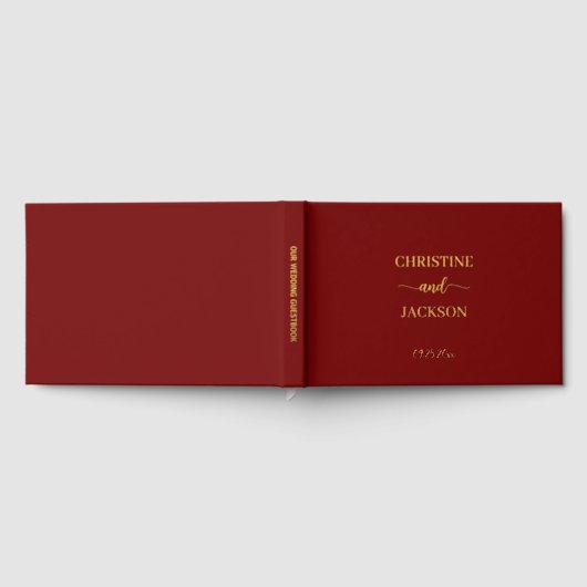 Modern Elegant Script Bourgogne Wedding Gold Gastenboek (Volledig)