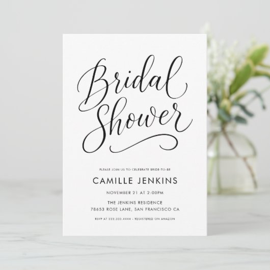 Modern Elegant Script Bruids Douche Uitnodiging (Staand voorkant)