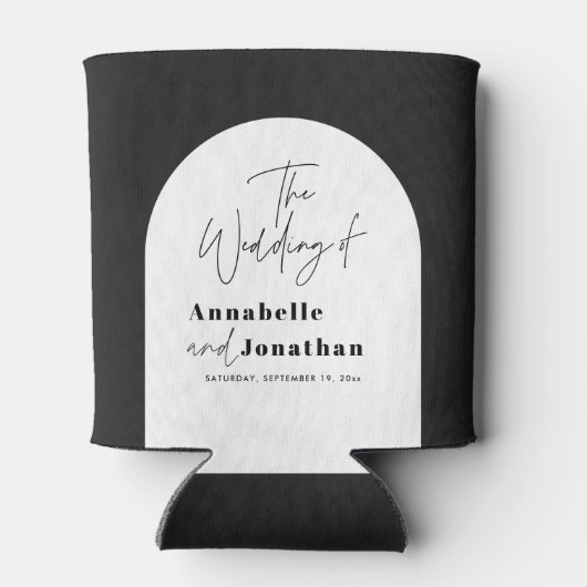 modern elegant script bruiloft met zwarte en witte blikjeskoeler (Achterkant)