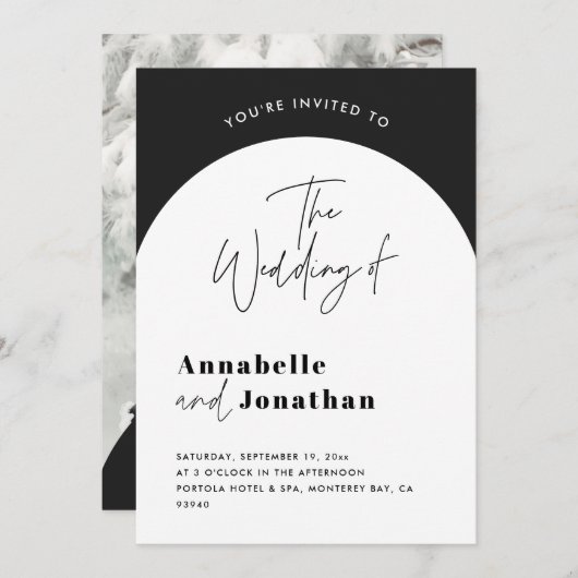 modern elegant script bruiloft met zwarte en witte kaart (Voorkant / Achterkant)