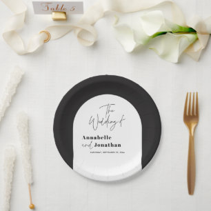 modern elegant script bruiloft met zwarte en witte papieren bordje