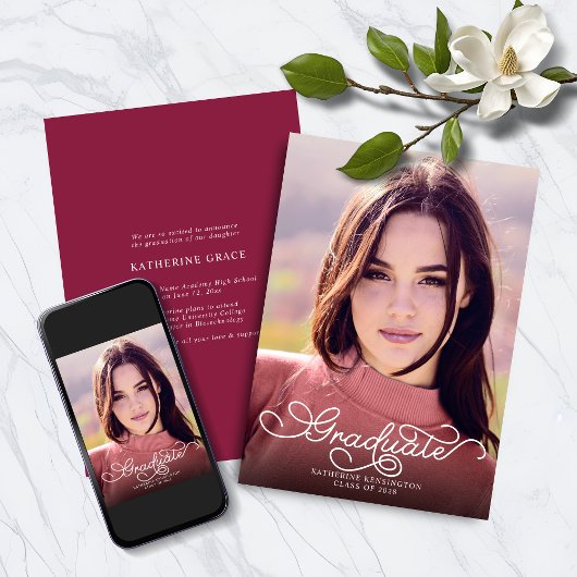 Modern Elegant Script Burgundy Photo Afstuderen Aankondiging