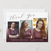 Modern Elegant Script Burgundy Red 3 Foto Afstudee Bedankkaart (Voorkant)