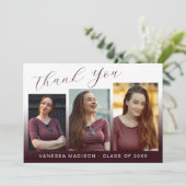 Modern Elegant Script Burgundy Red 3 Foto Afstudee Bedankkaart (Staand voorkant)