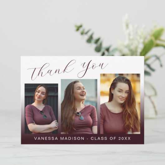 Modern Elegant Script Burgundy Red 3 Foto Afstudee Bedankkaart (Staand voorkant)