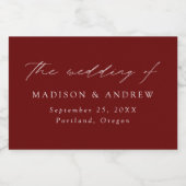 Modern Elegant Script Burgundy Wedding Sparkling Wijnetiket (Enkel label)