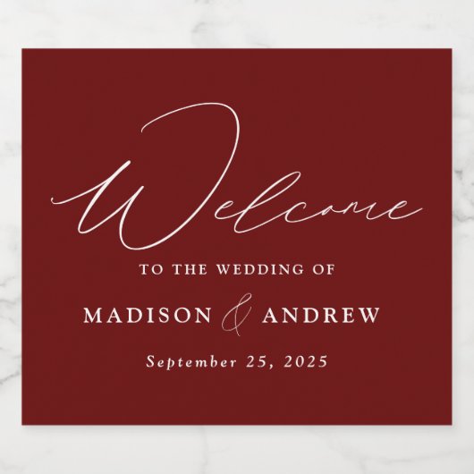 Modern Elegant Script Burgundy Wedding Sparkling Wijnetiket (Enkel label)
