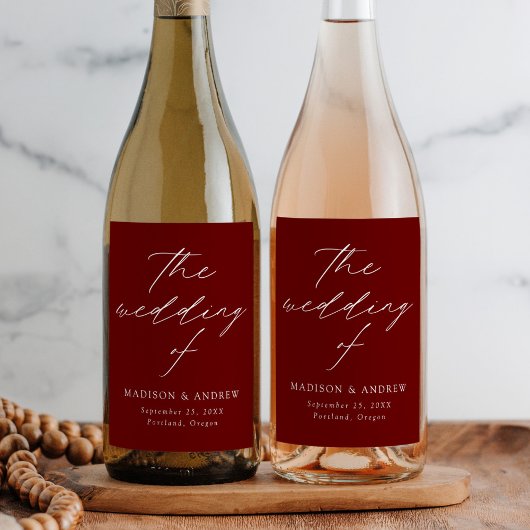 Modern Elegant Script Burgundy Wedding Wijn Etiket