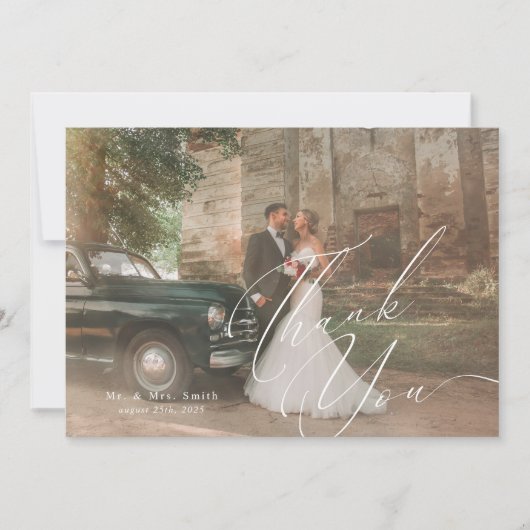 Modern Elegant Script Calligraphy Photo Wedding Bedankkaart (Voorkant)