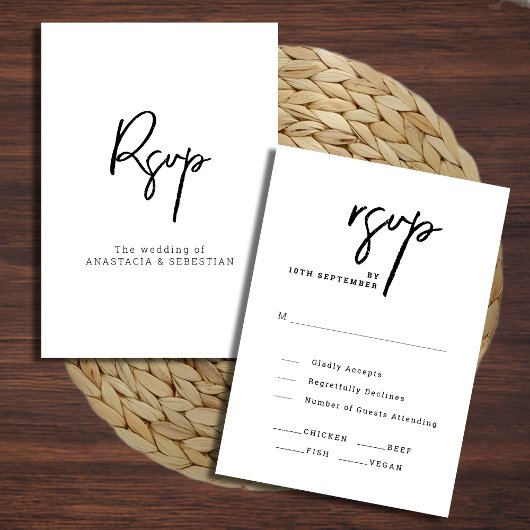 Modern Elegant Script Chic Zwart-wit bruiloft RSVP Kaartje