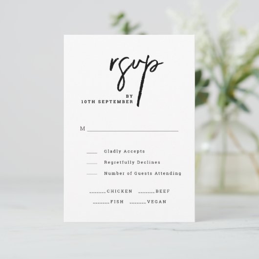 Modern Elegant Script Chic Zwart-wit bruiloft RSVP Kaartje (Staand voorkant)