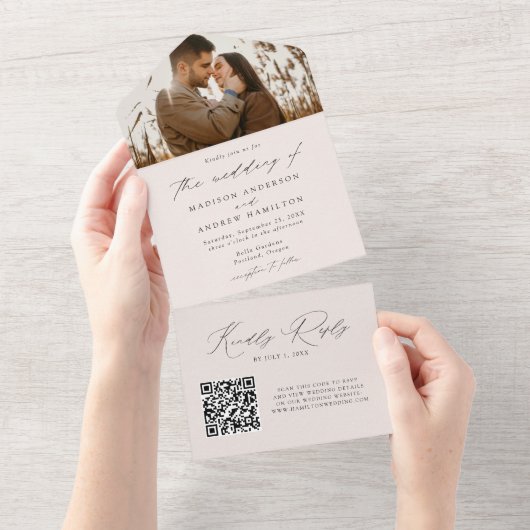 Modern Elegant Script Cream Photo Wedding All In One Uitnodiging (Afscheurbaar)