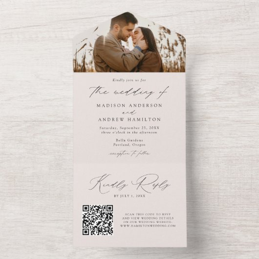 Modern Elegant Script Cream Photo Wedding All In One Uitnodiging (Binnen)