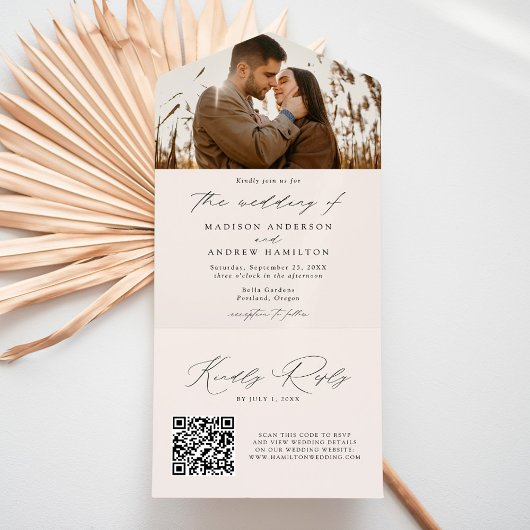 Modern Elegant Script Cream Photo Wedding All In One Uitnodiging