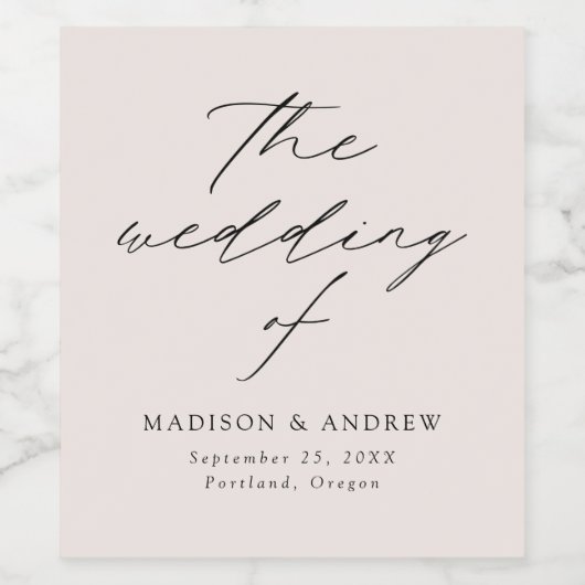 Modern elegant script Cream Wedding Wijn Etiket (Enkel label)