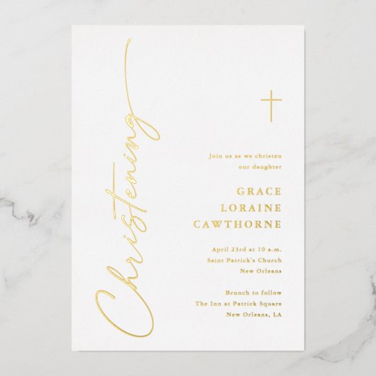 Modern Elegant Script Doopgoud Folie Uitnodiging (Voorkant)