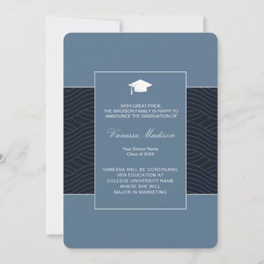 Modern | Elegant Script Dusty Blue 1 Photo Afstude Aankondiging (Achterkant)