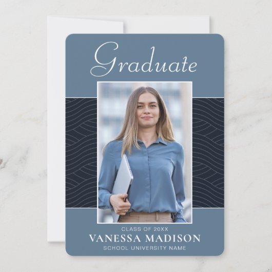 Modern | Elegant Script Dusty Blue 1 Photo Afstude Aankondiging (Voorkant)